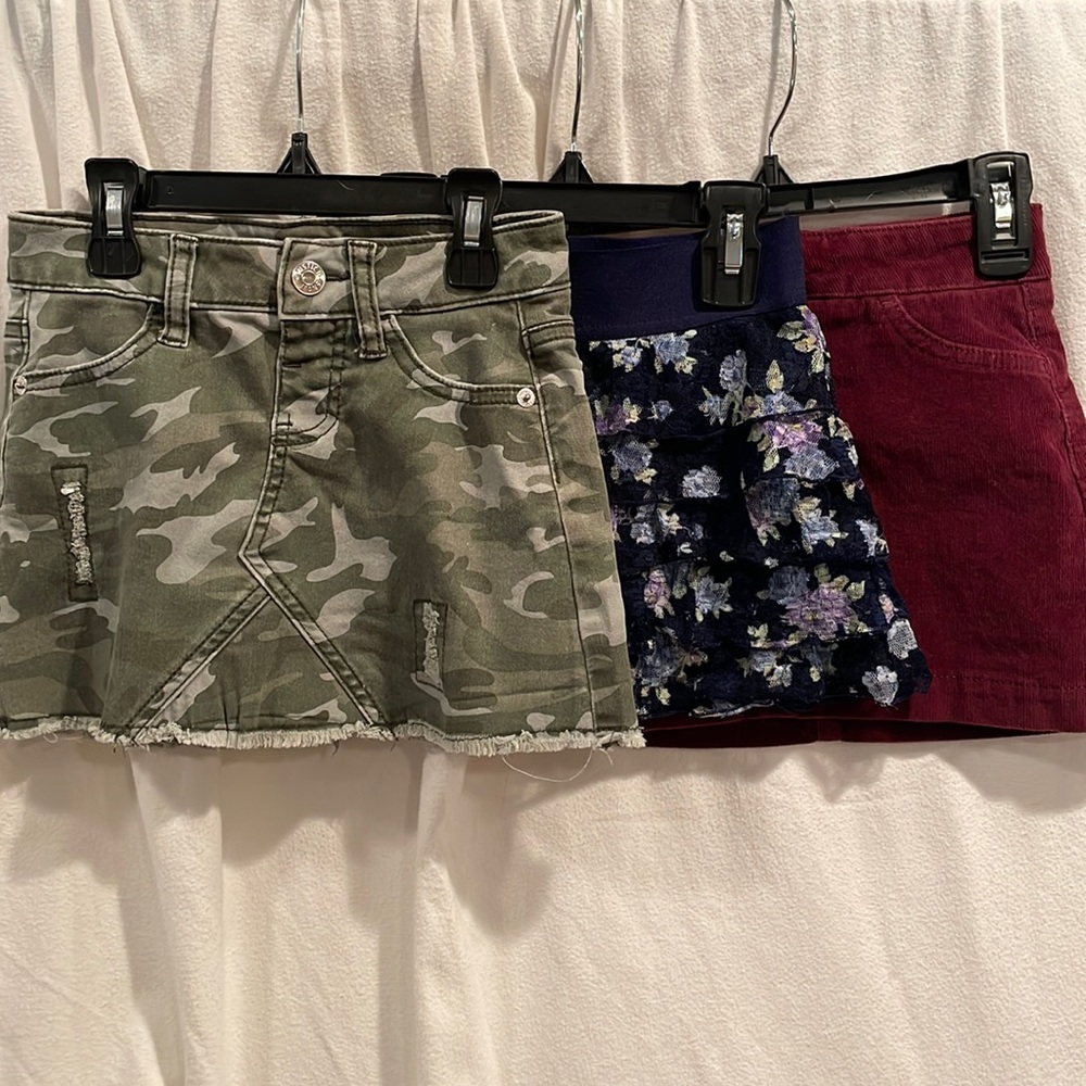 Justice Miniskirts Camo/Burgundy Corduroy/Navy Floral Lace